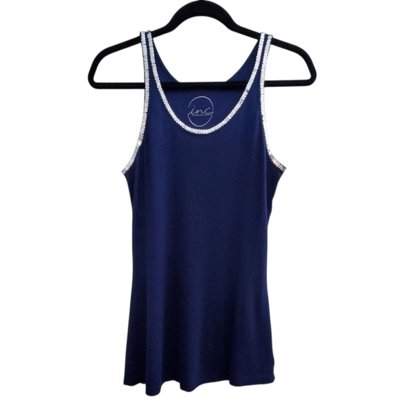 INC International Concepts Navy Blue Round Neck Sequin Fitted Tank Top Size L - Picture 1 of 5